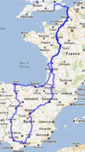 Our Road trip route in France and Spain