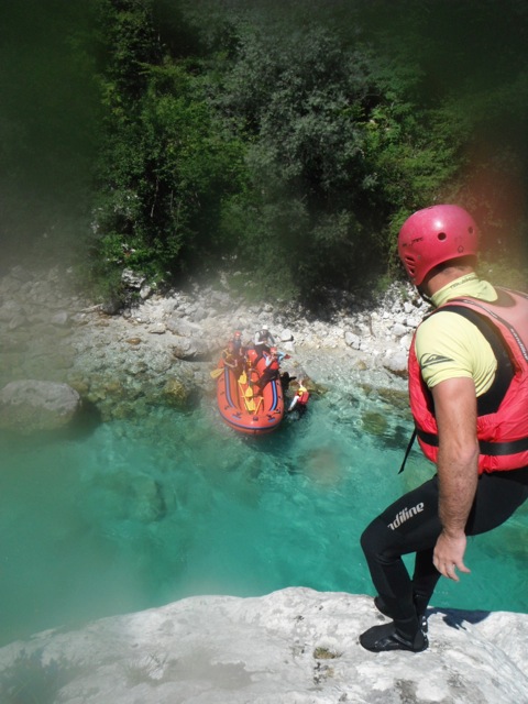 Jumping from a cliff into the Soča